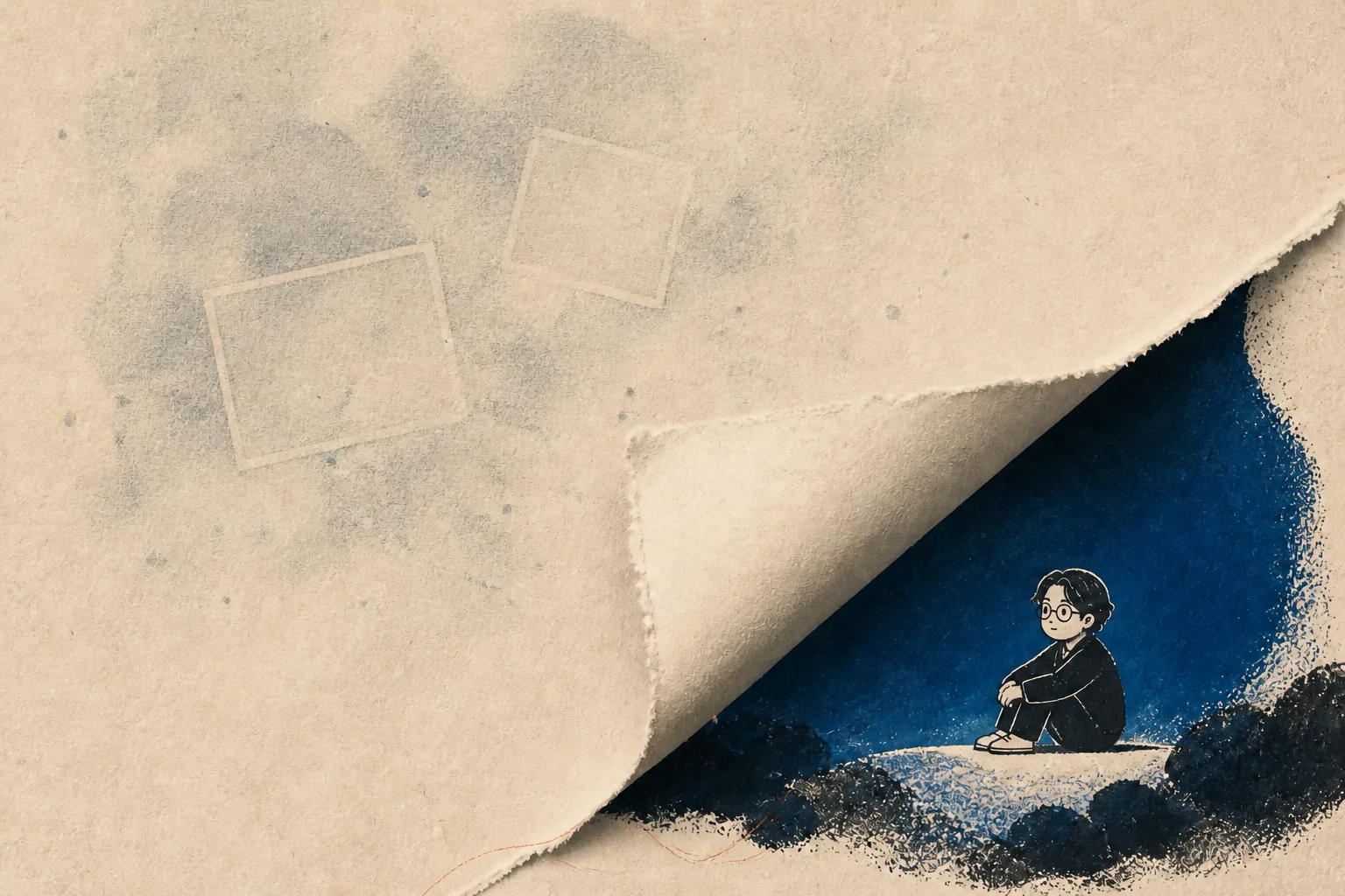 An inked figure of Peiyan sitting inside a deep blue sanctuary revealed beneath folded warm paper, with pale memory fragments above.